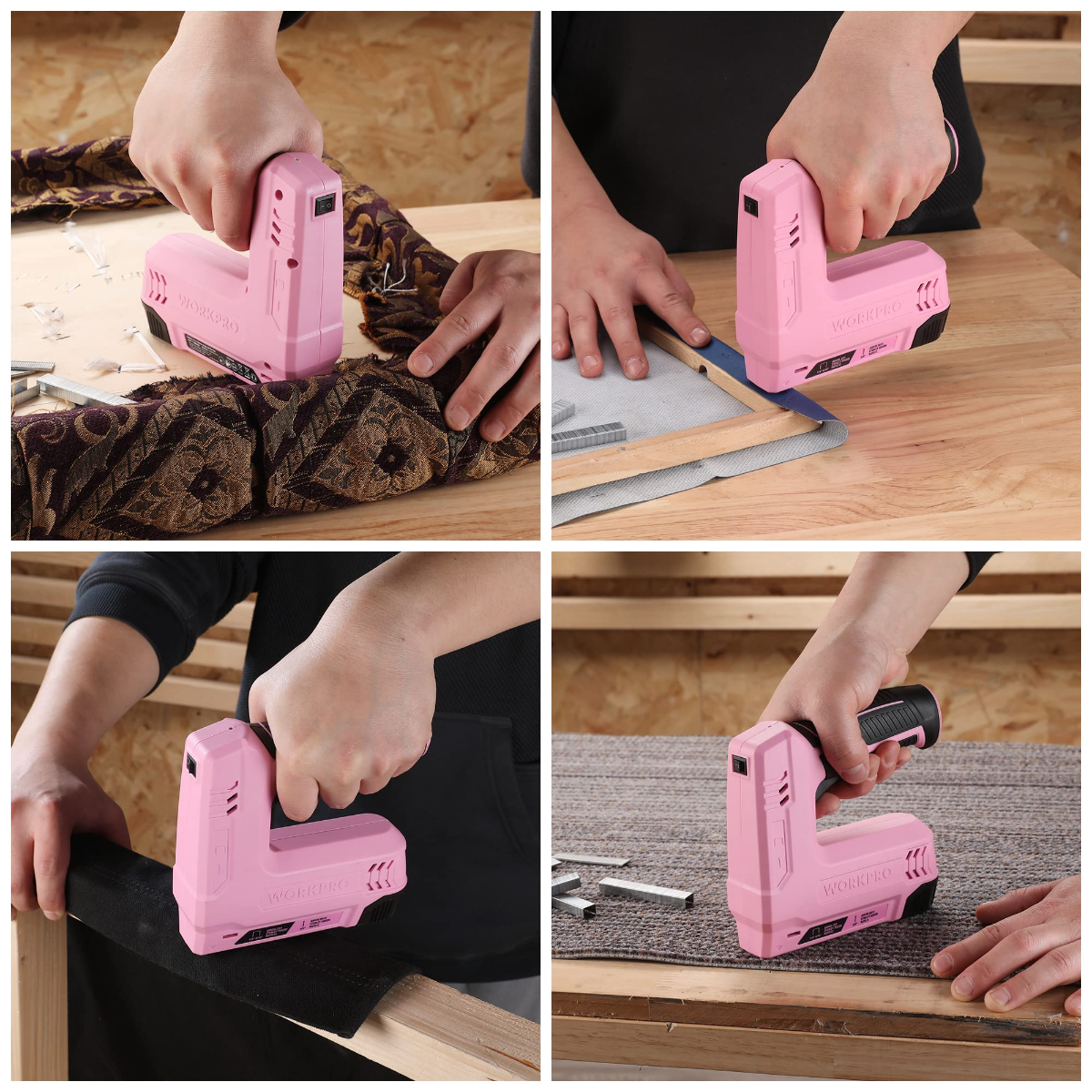 Pink cordless staple and nail gun being used to fasten fabric and wood on a table