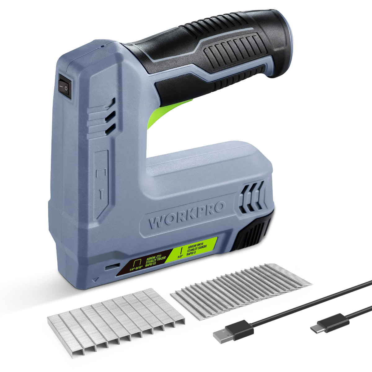 Gray and black cordless staple and nail gun with magazine, and metal nails in view