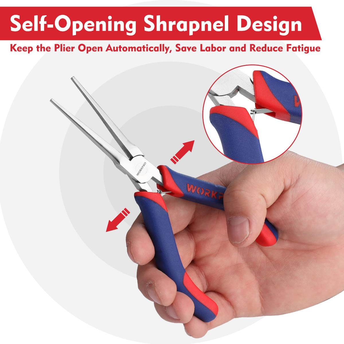 Needle nose pliers in hand with silver jaws and red-blue ergonomic handles
