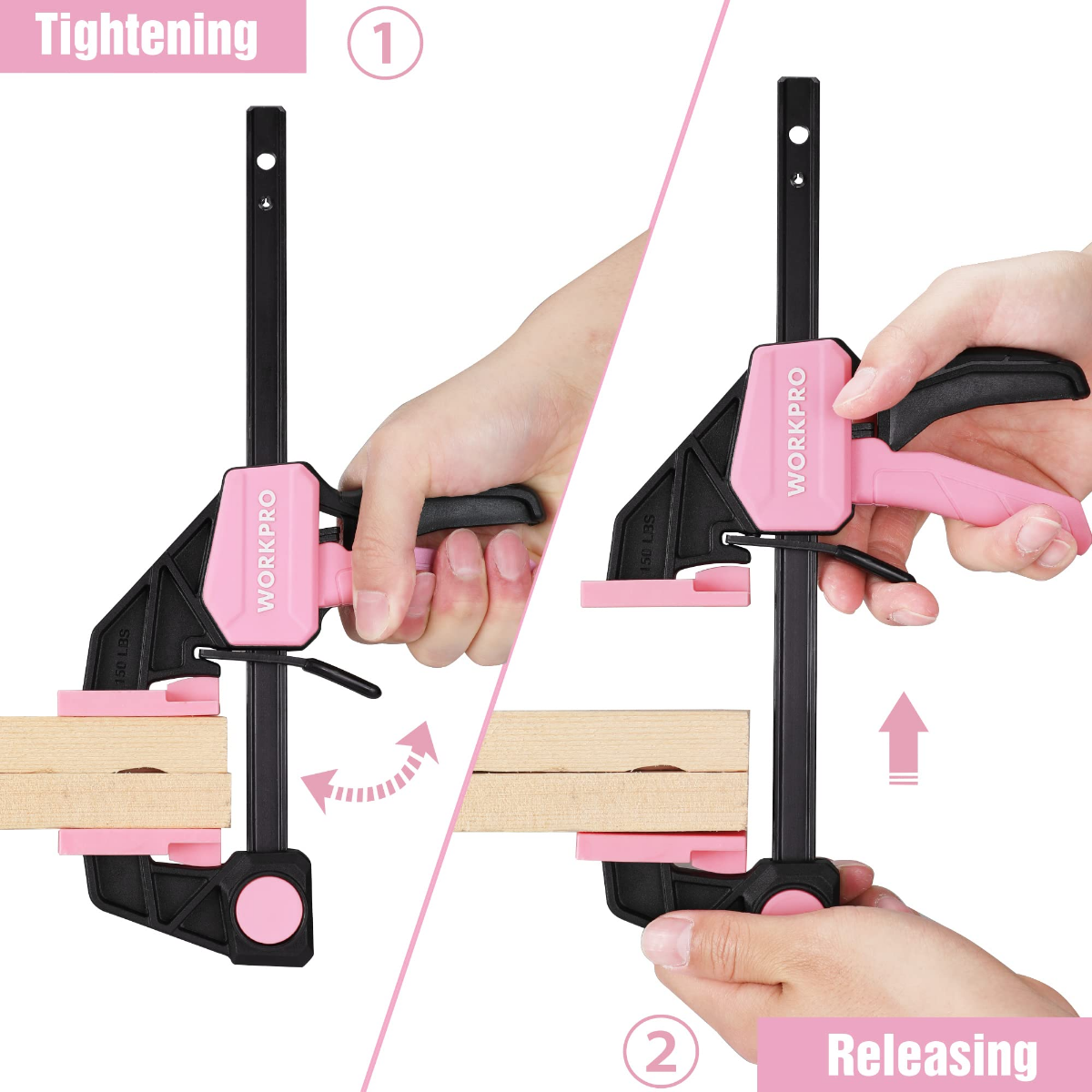 Pink one-handed clamp/spreader tightening and releasing with black trigger