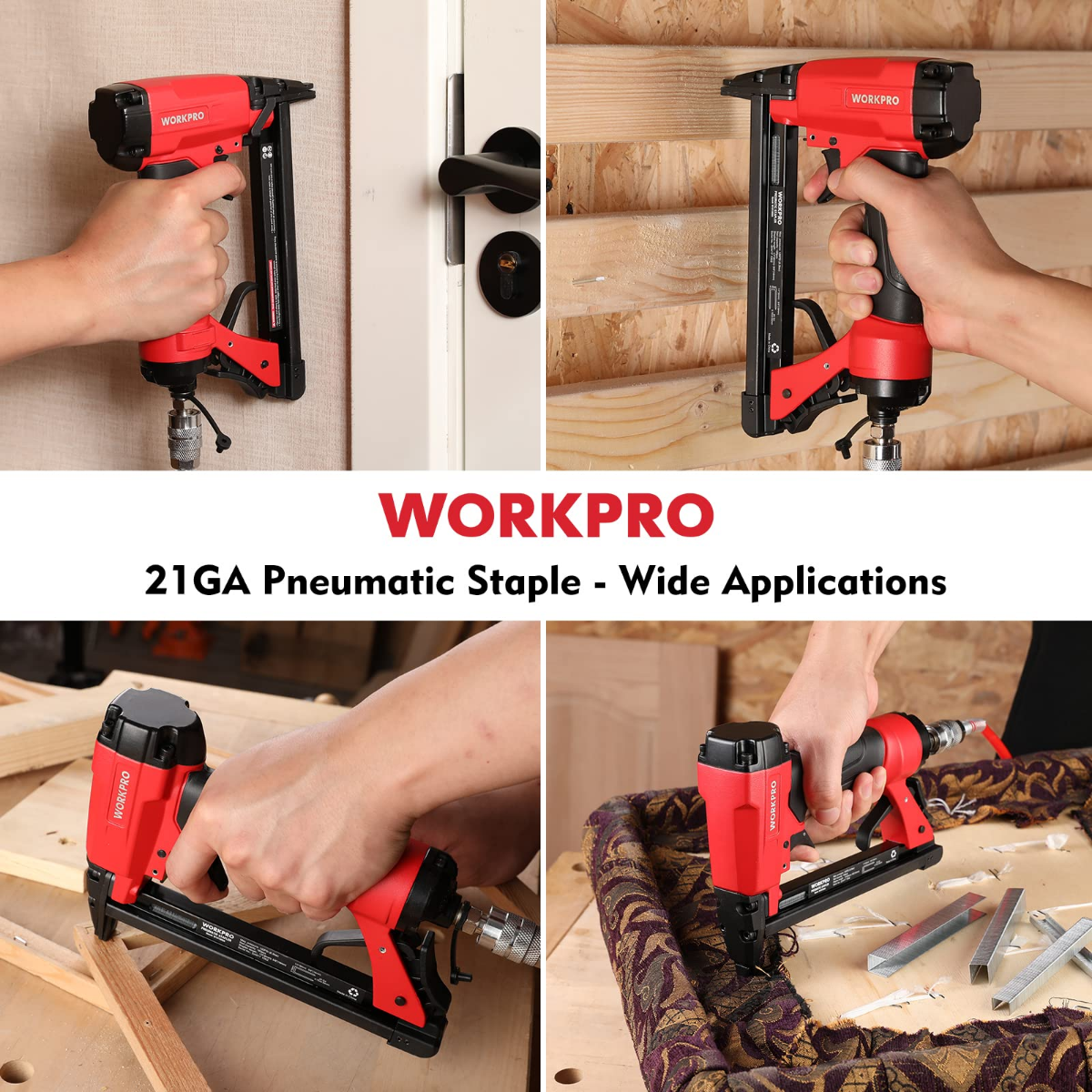 Pneumatic staple gun applying staples to wood and door trim surfaces