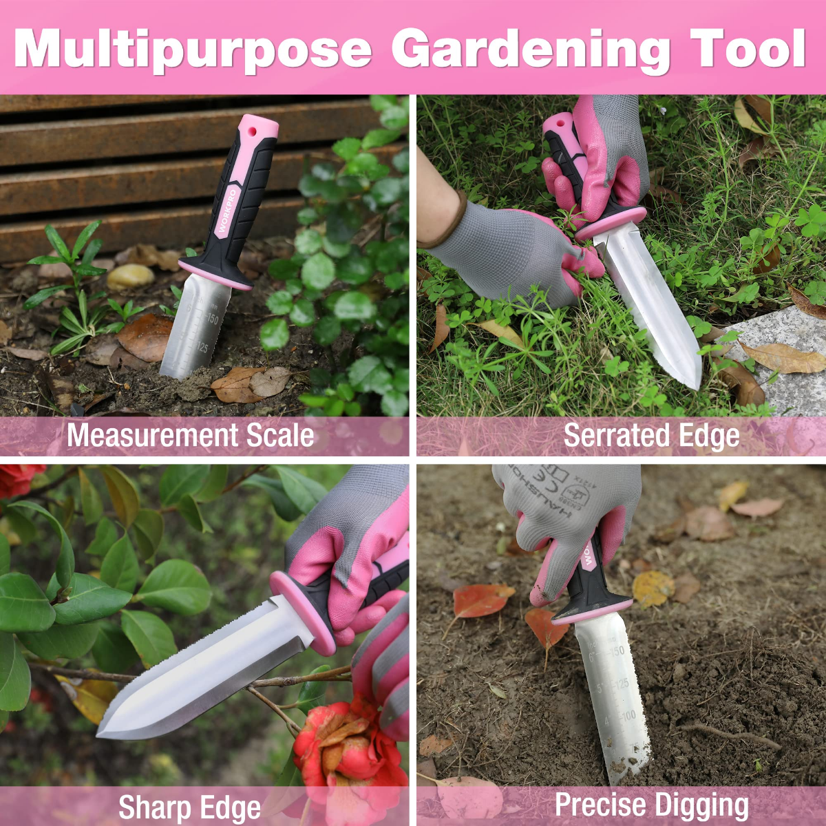 WORKPRO garden knife with pink handle and stainless blade, shown for measuring and digging