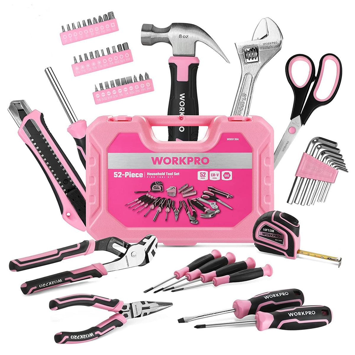 WORKPRO 52 Pcs Pink Tool Set, Home Women's Tool Set with Storage Tool Box, Basic Tool Set - Pink Ribbon