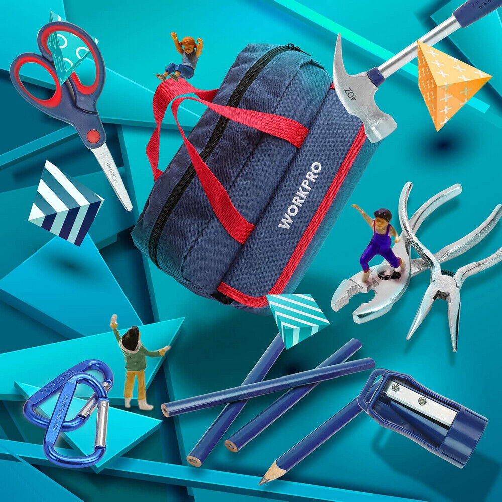 WORKPRO tool set storage bag in navy with red straps, with assorted hand tools