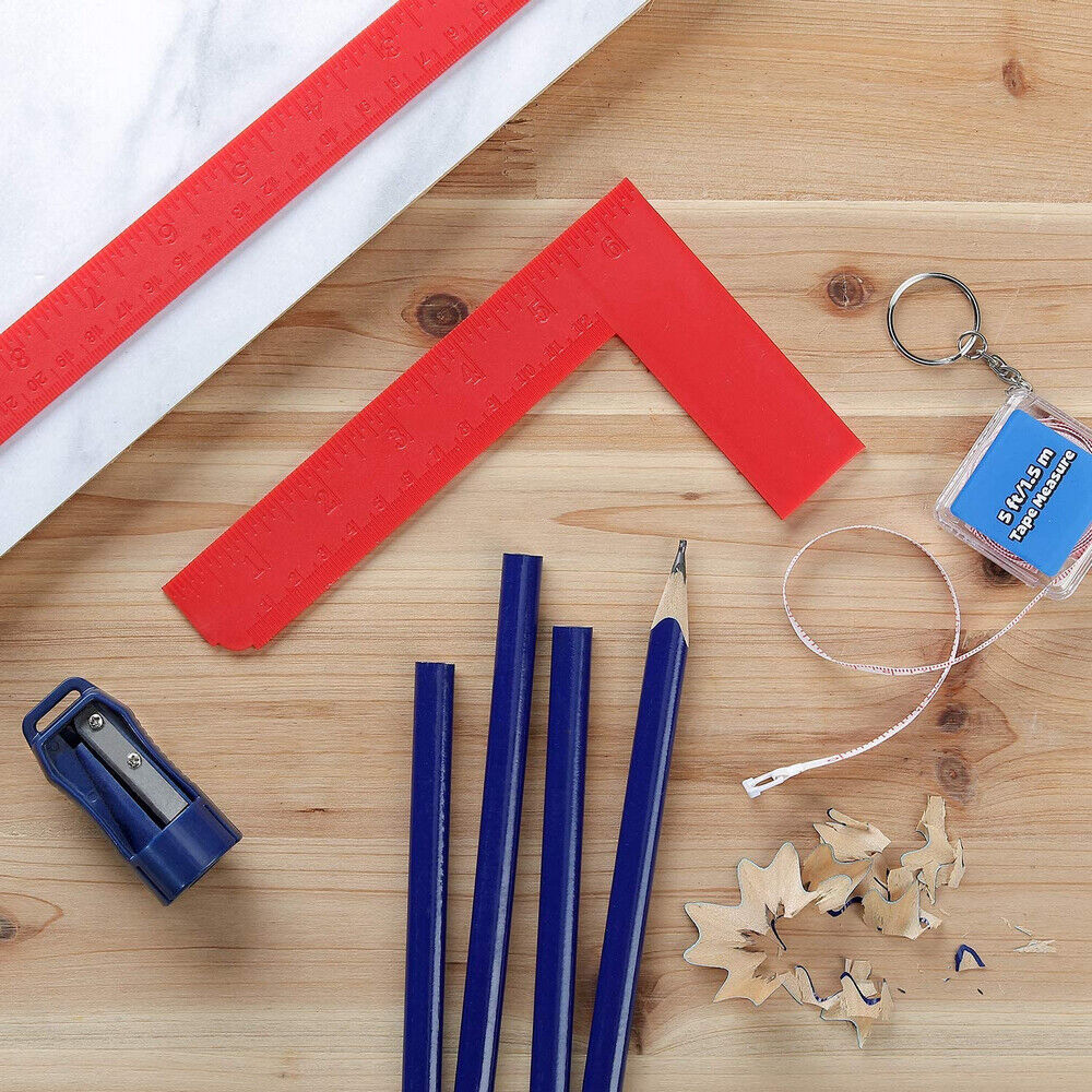 WORKPRO tool set with red measuring ruler strips, wooden layout pieces, and keychain tools
