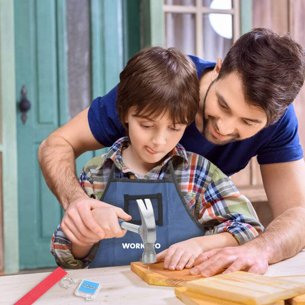 WORKPRO tool set used on wood with a child wearing a blue-and-red tool apron