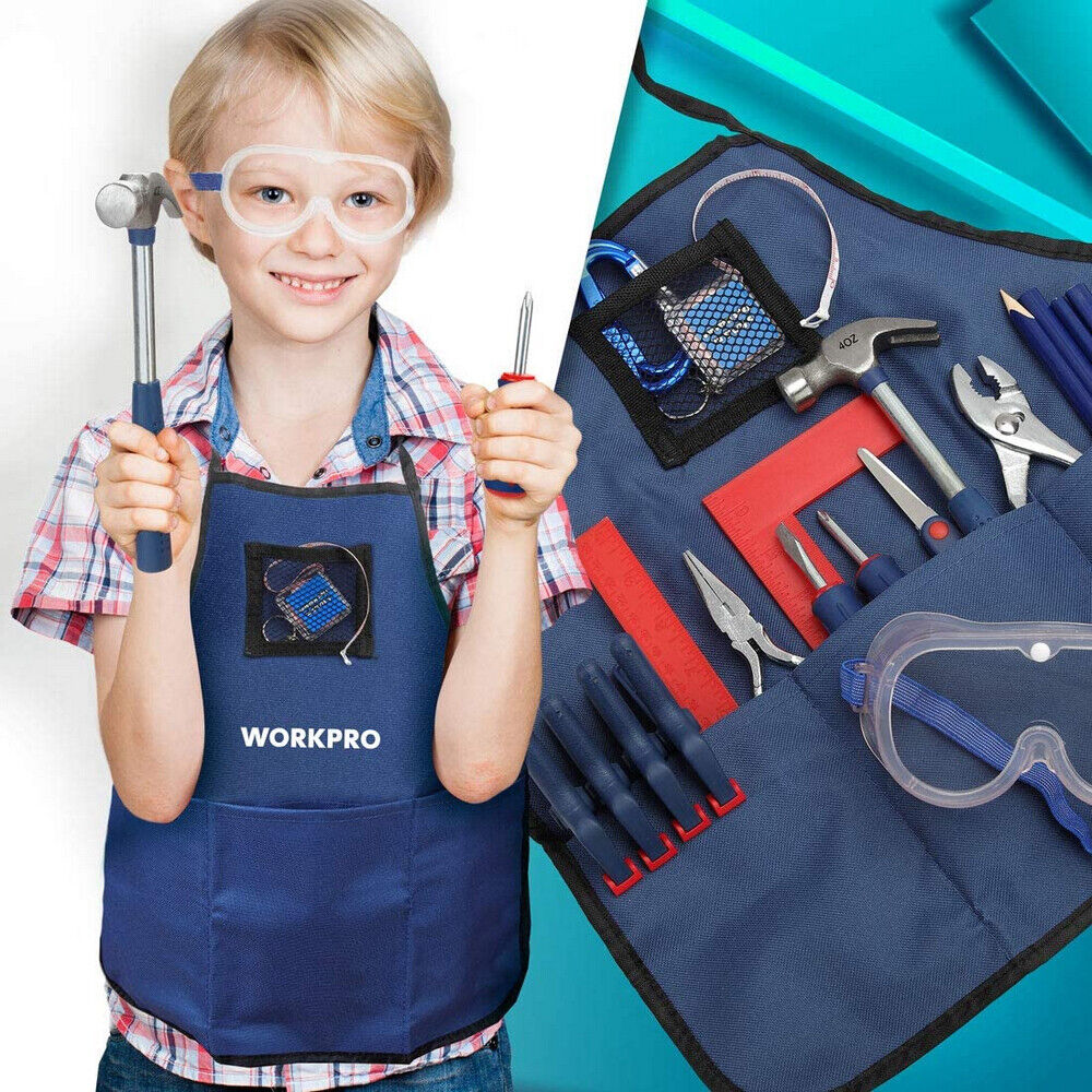 WORKPRO kids tool set with blue-and-red tool apron and small hand tools